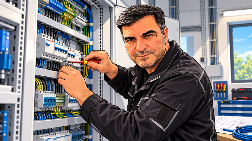 Elektrotechnikermeister Ibrahim Üretmen bei Arbeiten an einer modernen Elektroverteilung